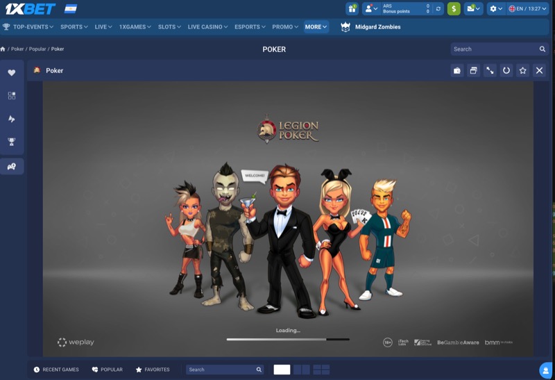 1xBet poker section showing the Legion Poker loading screen