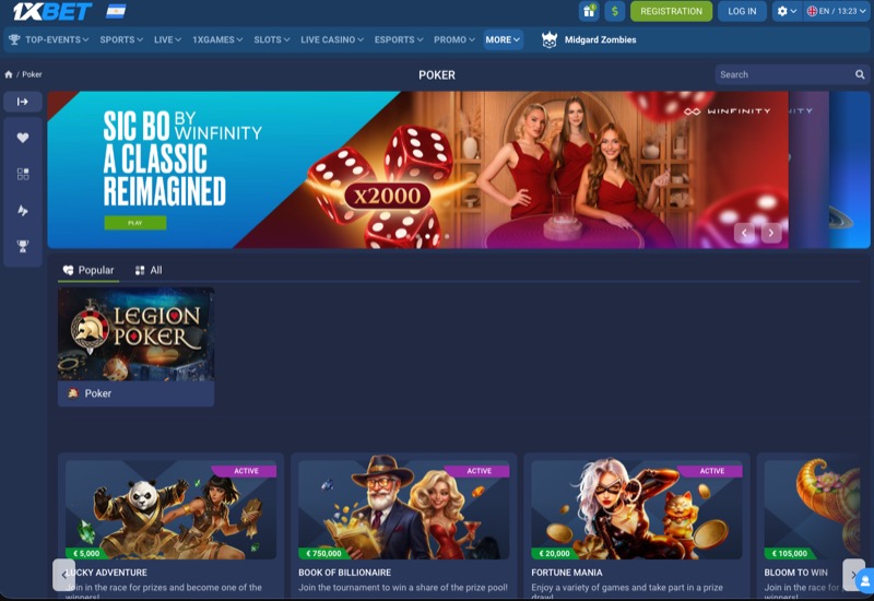 1xBet poker lobby showing available poker games including live dealer and video poker