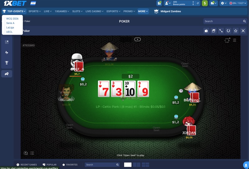 1xBet live dealer poker table with HD stream showing real cards being dealt
